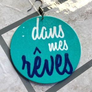 Teal painted wood earrings white